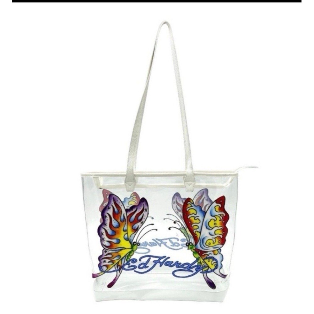 Ed Hardy Clear Tote with Colorful Butterfly Design